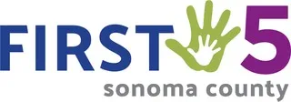 Logo for "First 5 Sonoma County" featuring the word "FIRST" in blue, followed by a large green handprint with a white hand inside it, and the number "5" in purple. "Sonoma County" is written below in lowercase gray letters.