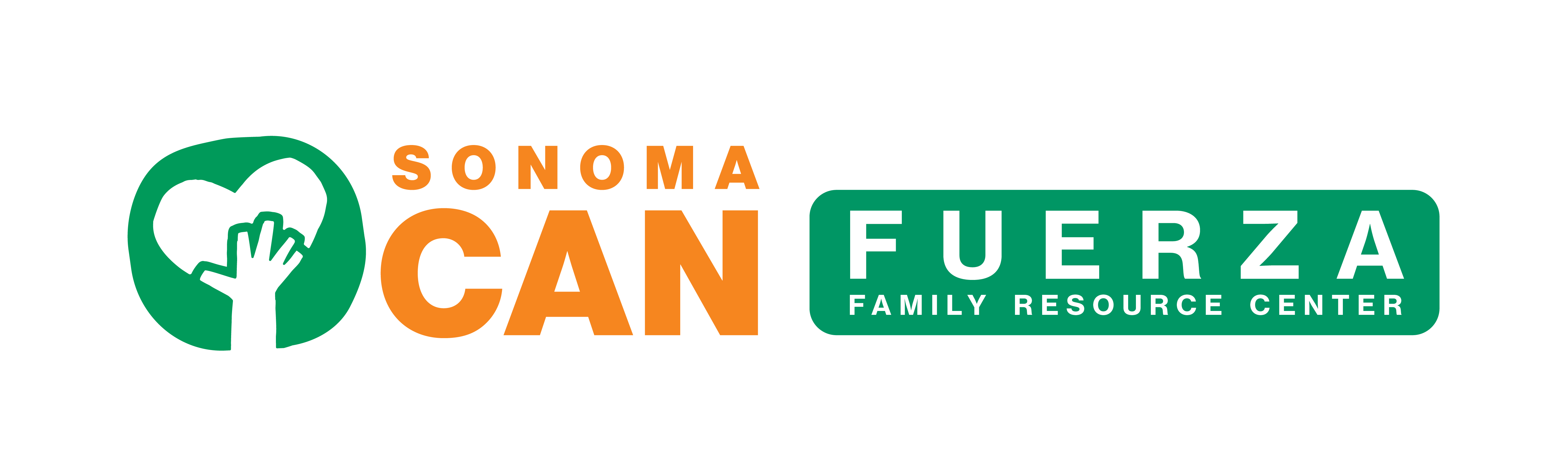 Logo for Sonoma CAN Fuerza Family Resource Center, featuring an orange hand inside a green heart icon on the left, and the organization’s name in orange and green text on the right.