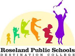 Colorful silhouettes of children in various playful poses appear above the text "Roseland Public Schools DESTINATION COLLEGE" on a yellow semi-circle background.