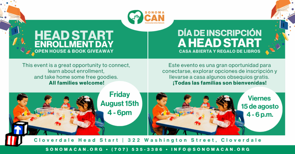 Flyer with English and Spanish text about Head Start enrollment in Cloverdale. Kids sit at tables with books and toys. Event is Friday, August 15, 4-6pm at 322 Washington Street. All families welcome; free goodies.