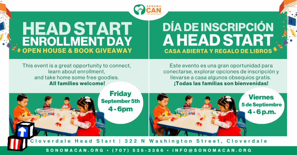 A bilingual flyer for Head Start Enrollment Day with event details, including date, time, and location. Families and children are pictured engaging in activities. English and Spanish text highlight open house and book giveaway.