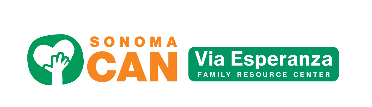 Logo for Sonoma CAN and Via Esperanza Family Resource Center. The left side features a green heart with a white hand inside, and the right side has the names in orange and white text on a green background.