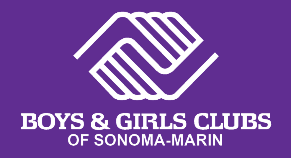 White Boys & Girls Clubs of Sonoma-Marin logo with two hands interlocking above the organization’s name in bold text on a solid purple background.