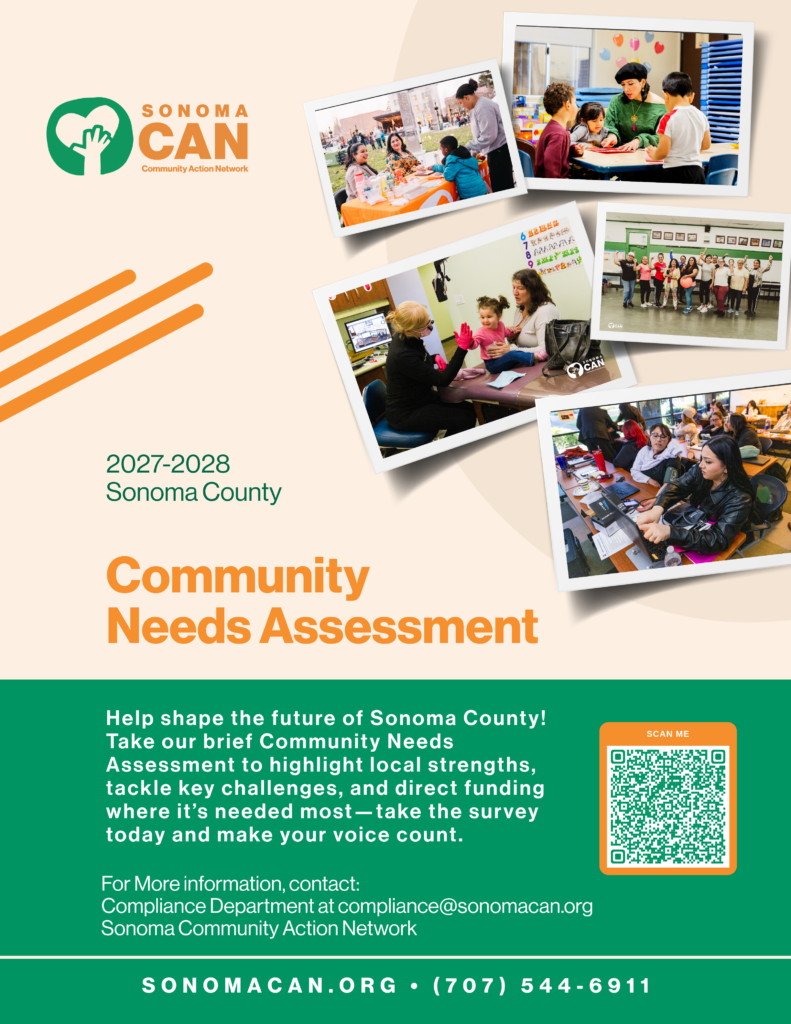 Flyer for Sonoma County Community Needs Assessment, featuring diverse people in group activities, a QR code, and contact details. Encourages taking a survey to guide future community funding and planning.