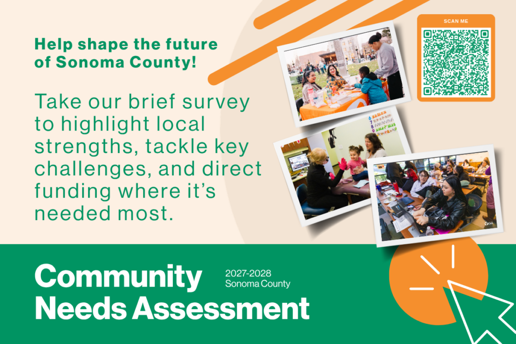 Flyer for Sonoma County Community Needs Assessment survey features photos of people collaborating and a QR code. Text invites participation to address local strengths, challenges, and funding needs for 2027-2028.