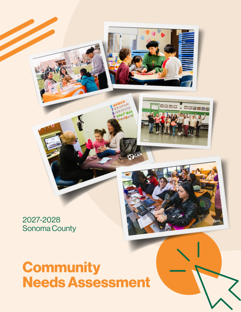 Collage of diverse groups engaged in community activities, including discussions, group work, and learning, set against a light background labeled “2027-2028 Sonoma County Community Needs Assessment.”.