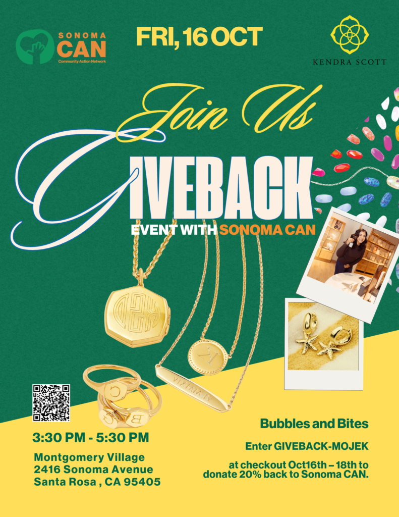 Kendra Scott Giveback event poster for Sonoma CAN on October 16th, featuring jewelry, event details, and a 20% donation code.
