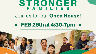 Flyer for Sonoma CAN’s Open House event, "Open Doors, Stronger Families." Features date and time: Feb 26th, 4:30–7pm, photos of diverse families, and an orange banner sharing a community message.