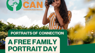 A smiling woman takes a photo outdoors. Text reads: "SONOMA CAN Community Action Network. Portraits of Connection: A Free Family Portrait Day. Support. Volunteer. November 1 & 2, 2025. www.SonomaCAN.org.